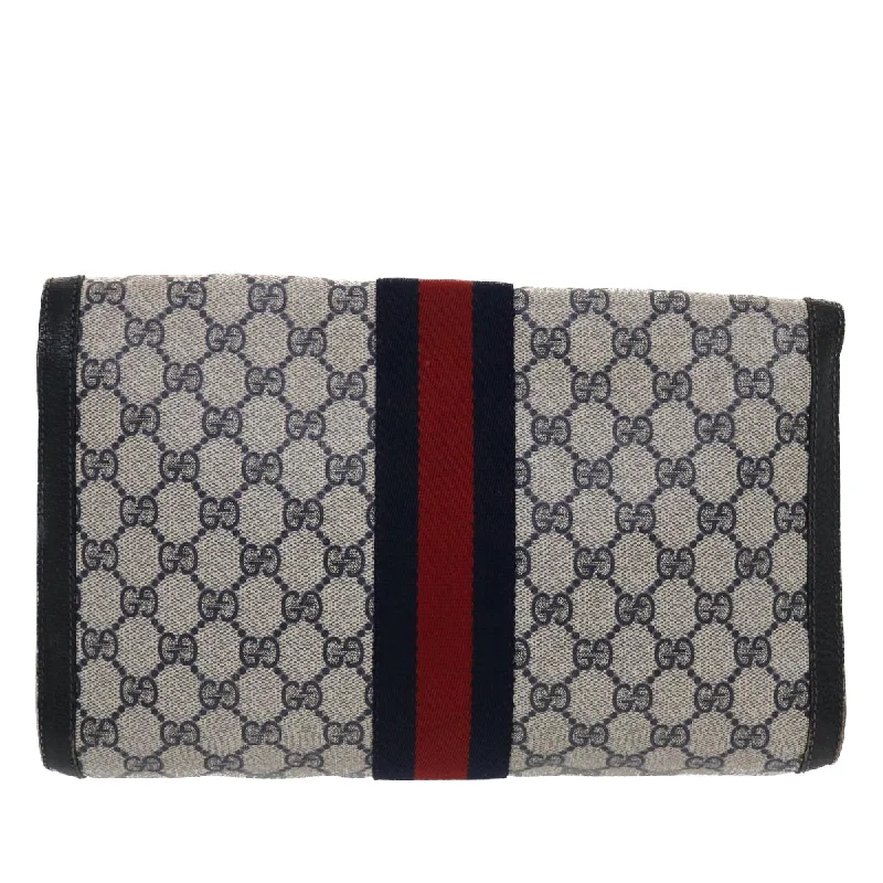 Women Gucci bags with a zip - around closure for securityGUCCI GG Canvas Sherry Line Clutch Bag PVC Leather Navy Red  49081