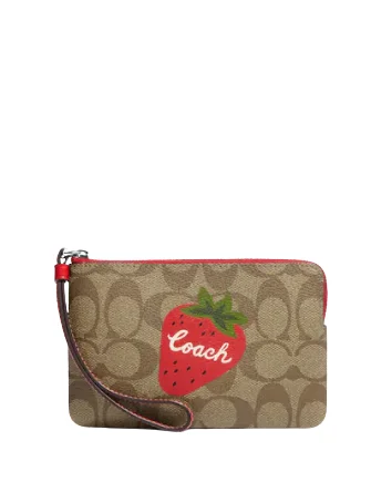 Coach Corner Zip Wristlet In Signature Canvas With Wild Strawberry