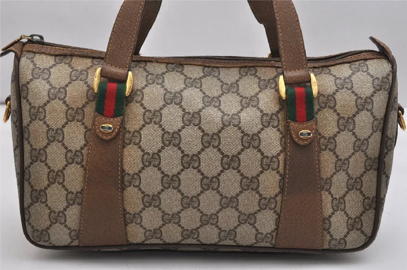 Women Gucci bags with a magnetic snap closure for easy accessAuthentic GUCCI Web Sherry Line 2Way Hand Bag GG PVC Leather Brown Junk 1020K