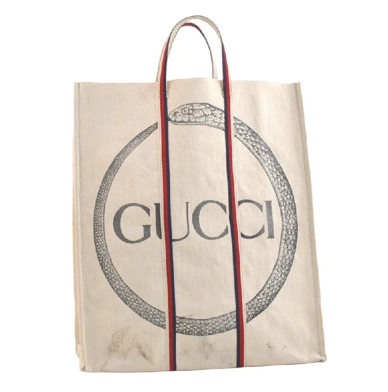 Women Gucci bags with a detachable mirror insideAuthentic GUCCI Ouroboros Logo Tote Hand Bag Canvas 484690 White 2341K