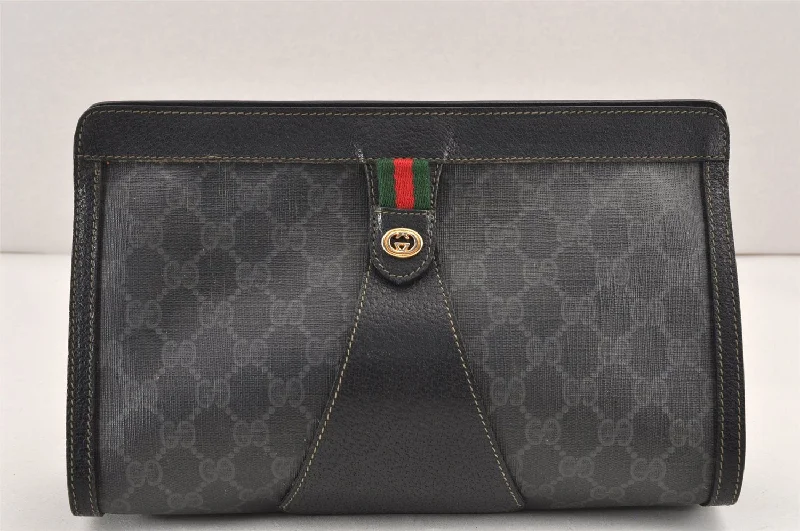 Women Gucci bags with interlocking G hardware for a classic lookAuthentic GUCCI Web Sherry Line Clutch Hand Bag Purse GG PVC Leather Black 2385K