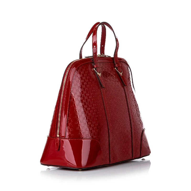 Women Gucci bags with a front - flap pocket for quick - access itemsGucci Microguccissima Nice Patent Leather Satchel (SHG-30368)