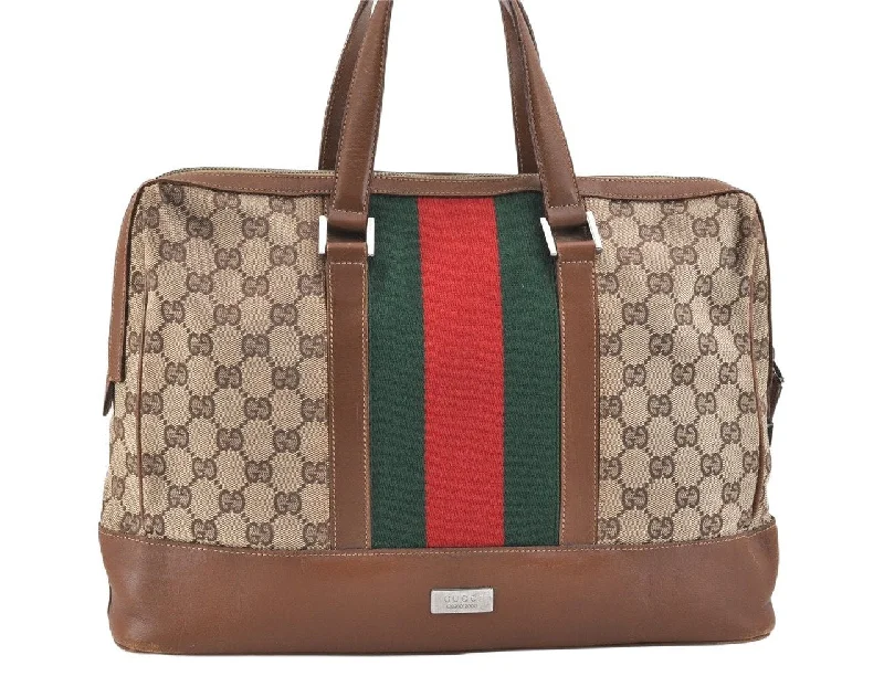 Gucci backpacks for women with a sleek silhouetteAuthentic GUCCI Web Sherry Line Hand Tote Bag GG Canvas Leather Brown 2379K