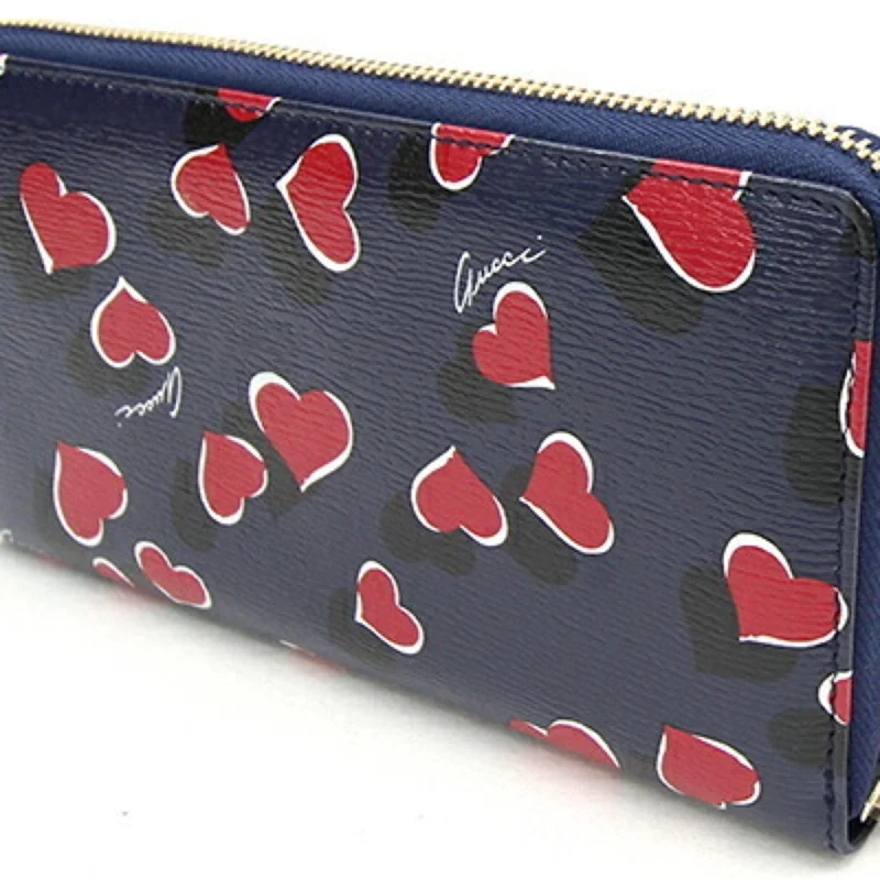 Gucci tote bags for women with a printed Gucci logoGUCCI Round Long Wallet 309705 Navy Red Leather Heart Ladies