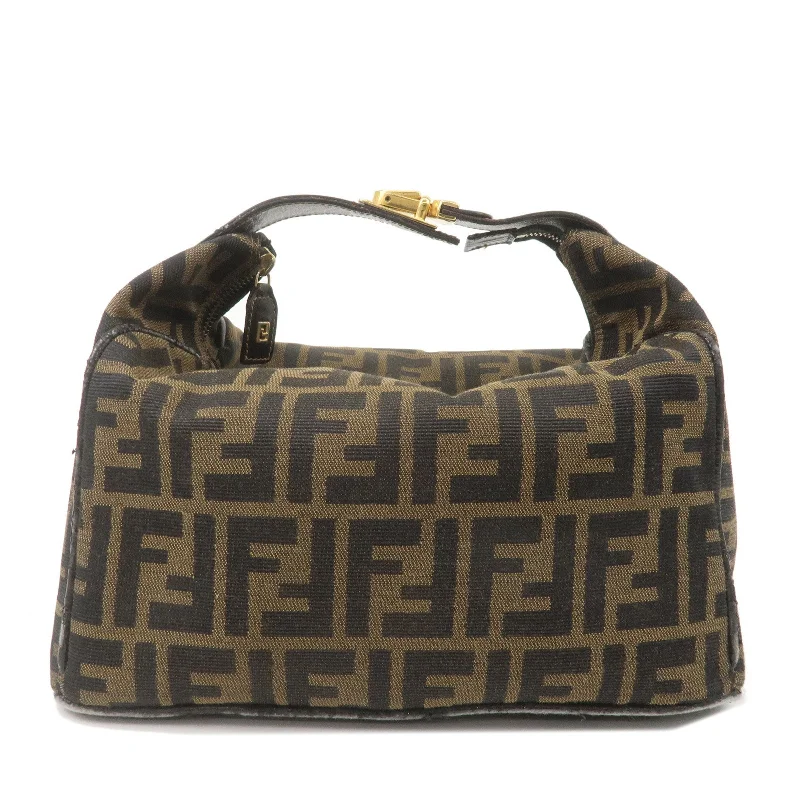 Fendi handbags with a perforated leather detail for a breathable and unique designFENDI Zucca Canvas Leather Vanity Bag Khaki Black Brown