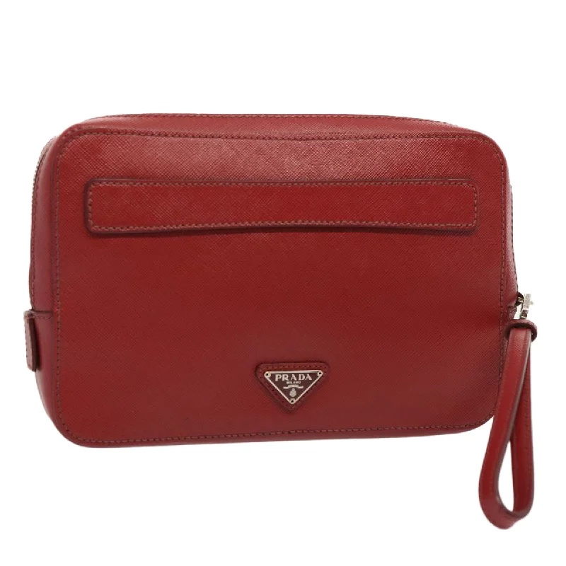 PRADA Safiano leather Clutch Bag Red Auth ac2882