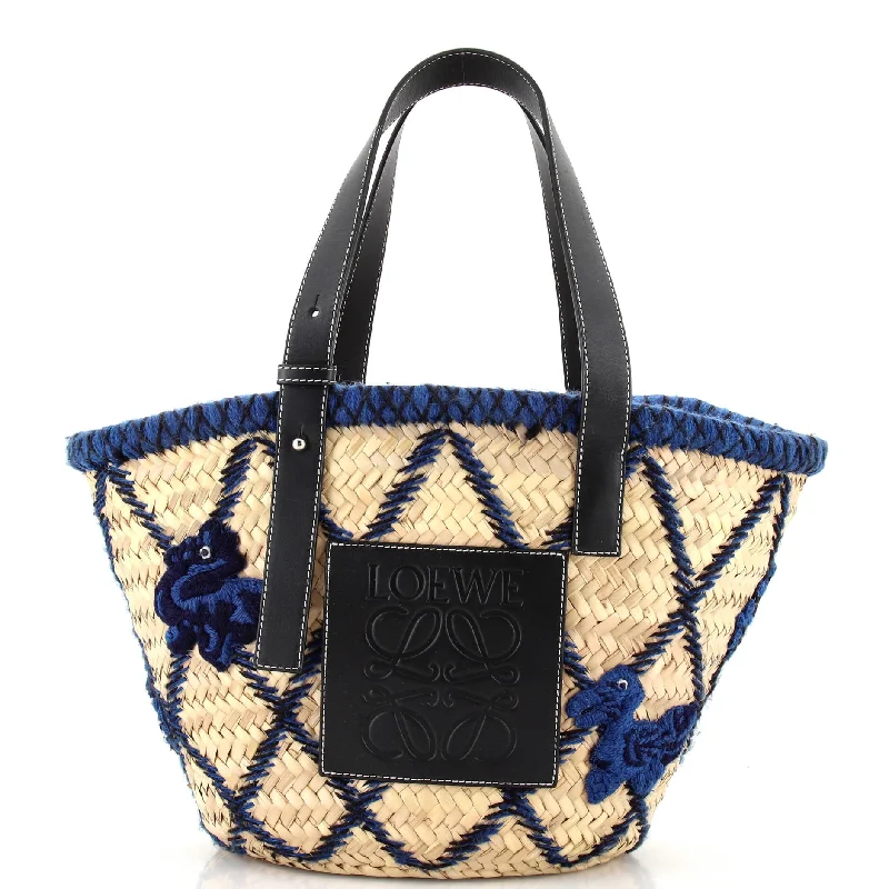 Basket Tote Embroidered Raffia Medium