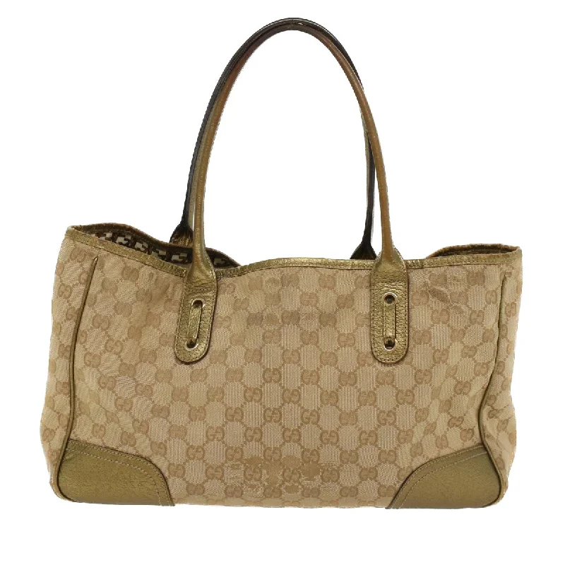 Women Gucci bags with a chain - link trim and a leather bodyGUCCI GG Canvas Shoulder Bag Leather Beige Gold 168805  47525