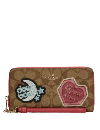 Coach Long Zip Around Wallet In Signature Canvas With Disco Patches