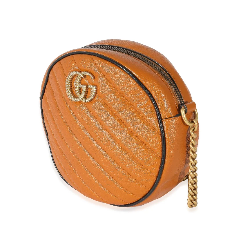 Women Gucci bags with a detachable mobile phone holderGucci Cognac Vintage Effect Leather Mini Torchon GG Marmont Round Bag