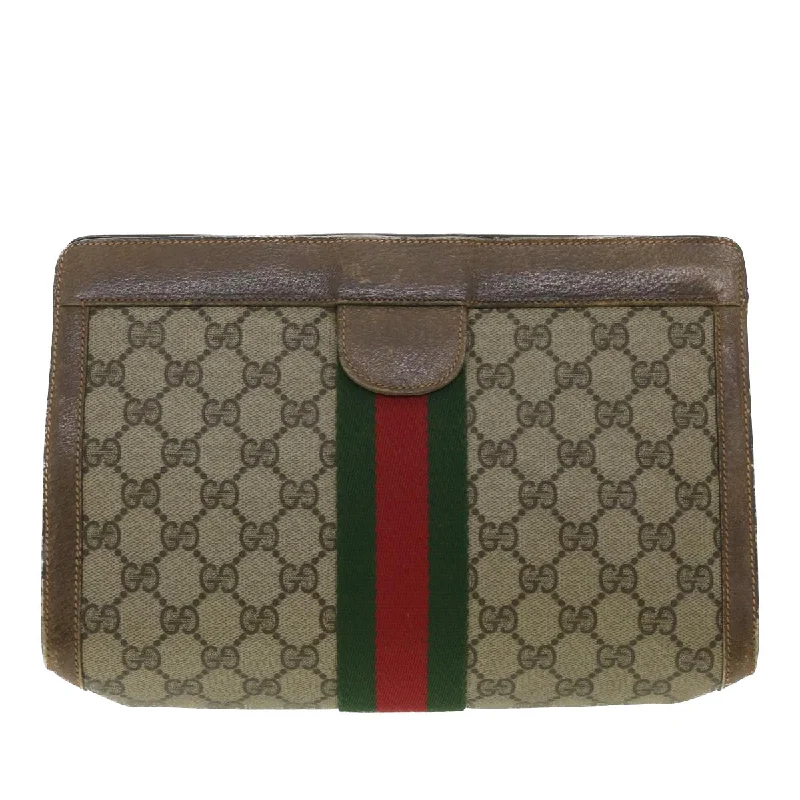 Women Gucci bags with a chain - link trim and a leather bodyGUCCI Web Sherry Line GG Canvas Clutch Bag PVC Leather Beige Green 89  36433