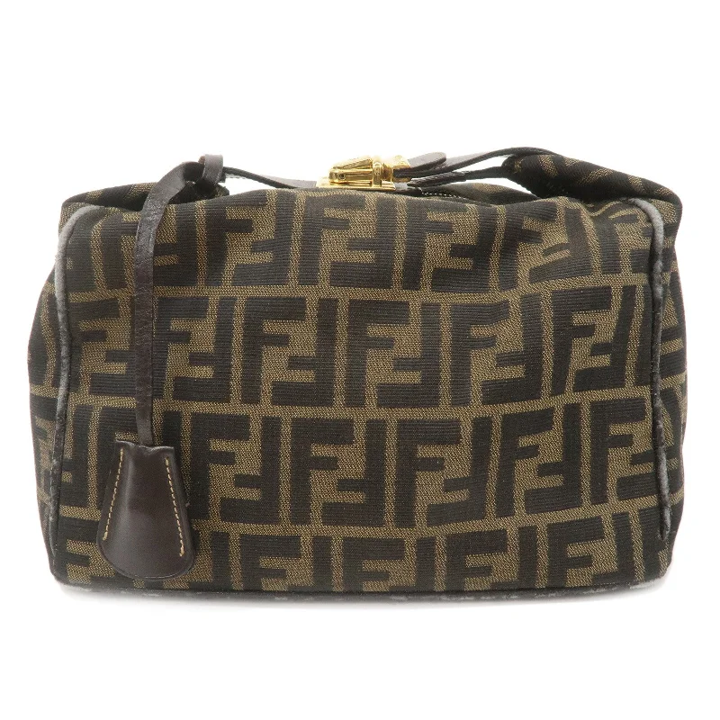 Fendi bags with a detachable mirror inside for quick touch - ups and groomingFENDI Zucca Canvas Leather Vanity Bag Khaki Black Brown