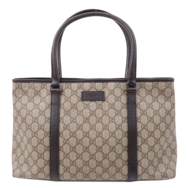 Women Gucci bags with a magnetic snap closure for easy accessGUCCI GG Supreme Leather Tote Bag Beige Brown 114595