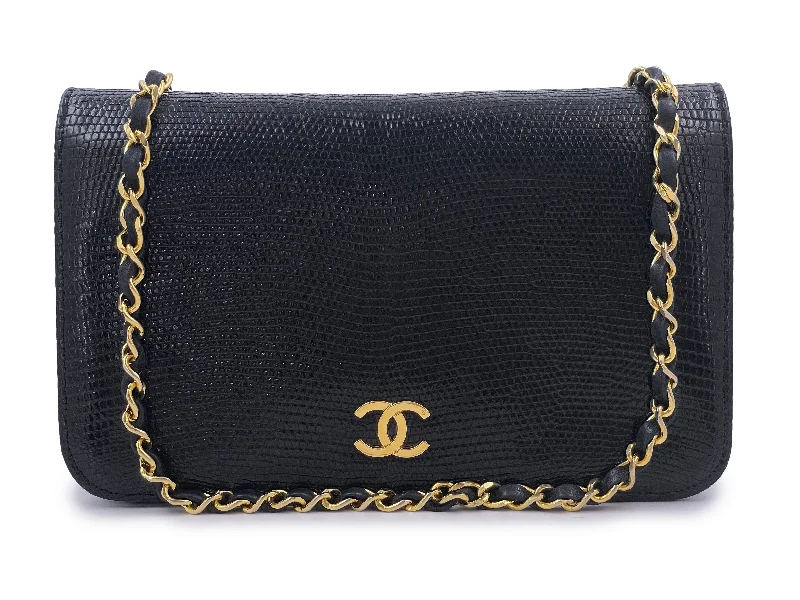 Chanel Handbag with Adjustable Strap for ComfortPristine Chanel 1989 Vintage Black Lizard Full Flap Bag 24k GHW