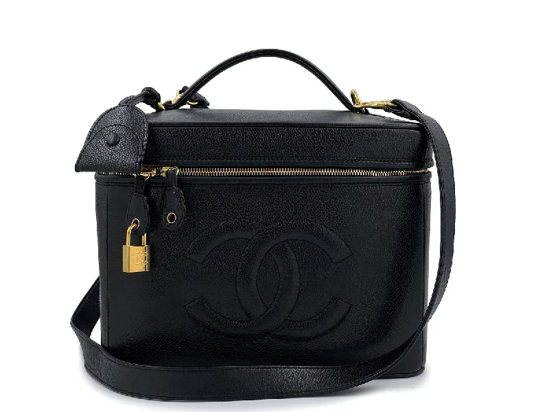 Chanel New Arrival Handbag with Gold HardwareChanel 1997 Vintage Black Caviar Large Vanity Trunk Bag with lock and strap