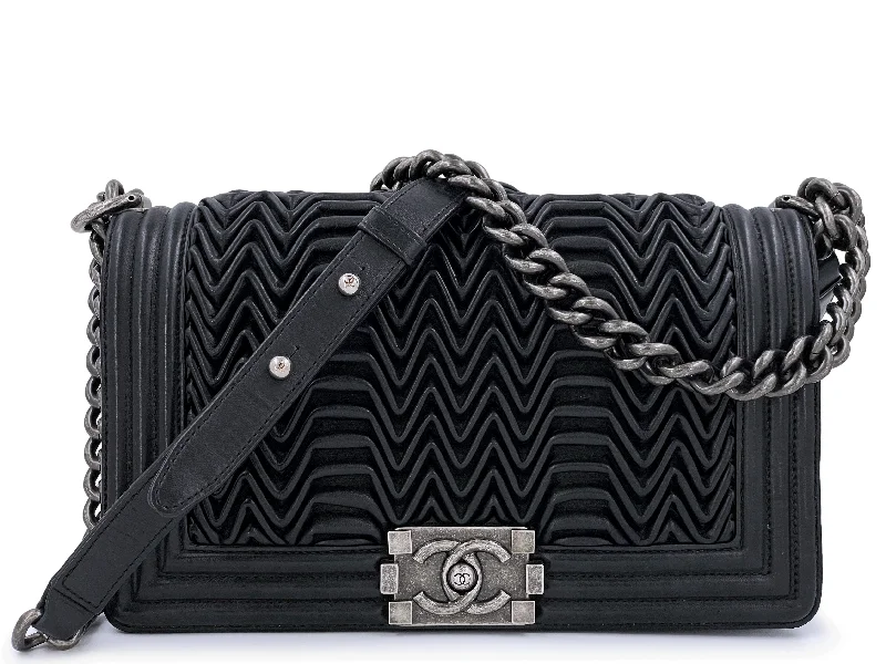 Chanel Designer Handbag with Unique DesignChanel Black 3D Pleated Boy Flap Bag Medium Lambskin