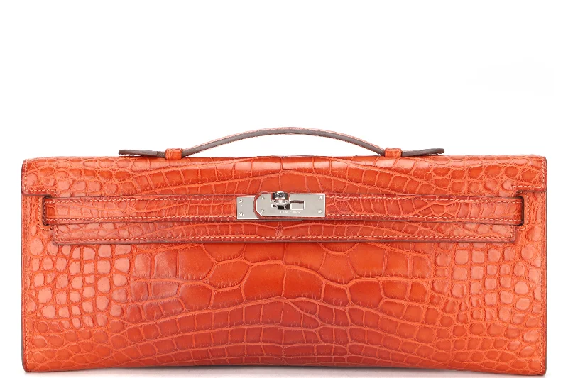 (EXOTIC) HERMES KELLY CUT [STAMP T (2015)] MATTE ORANGE ALLIGATOR SILVER HARDWARE, WITH BOX, NO DUST COVER