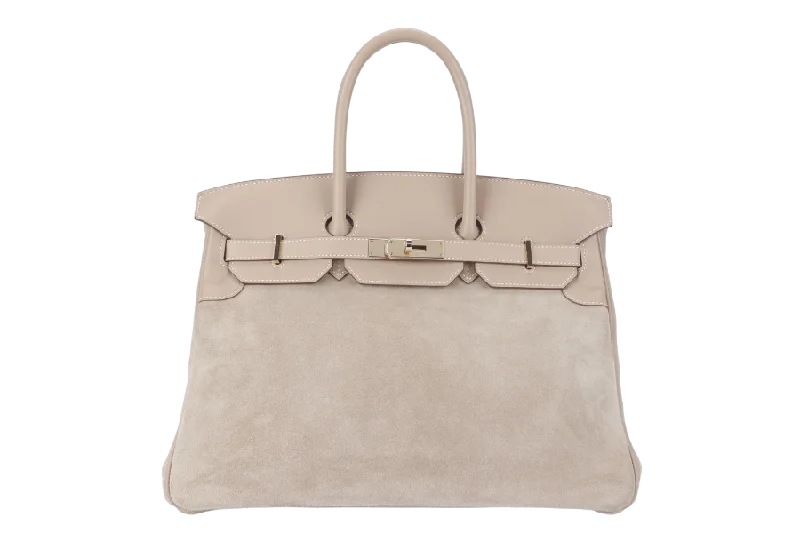 HERMES BIRKIN 35 GRIZZLY ARGILE SWIFT, DOBLIS WITH PERMABRASS HARDWARE STAMP Q (2013) WITH KEYS, LOCK, RAINCOAT AND DUST COVER