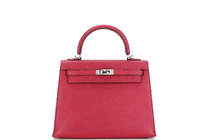 HERMES KELLY 25 (STAMP F) ROUGE VIF CHEVRE MYSORE PALLADIUM HARDWARE, WITH KEYS, LOCK, STRAP & DUST COVER