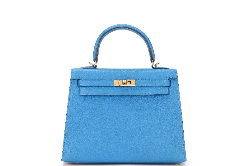 HERMES KELLY 25CM (STAMP C) BLUE ZANZIBAR CHEVRE LEATHER GOLD HARDWARE, WITH KEYS, LOCK, STRAP, RAINCOAT, DUST COVER & BOX