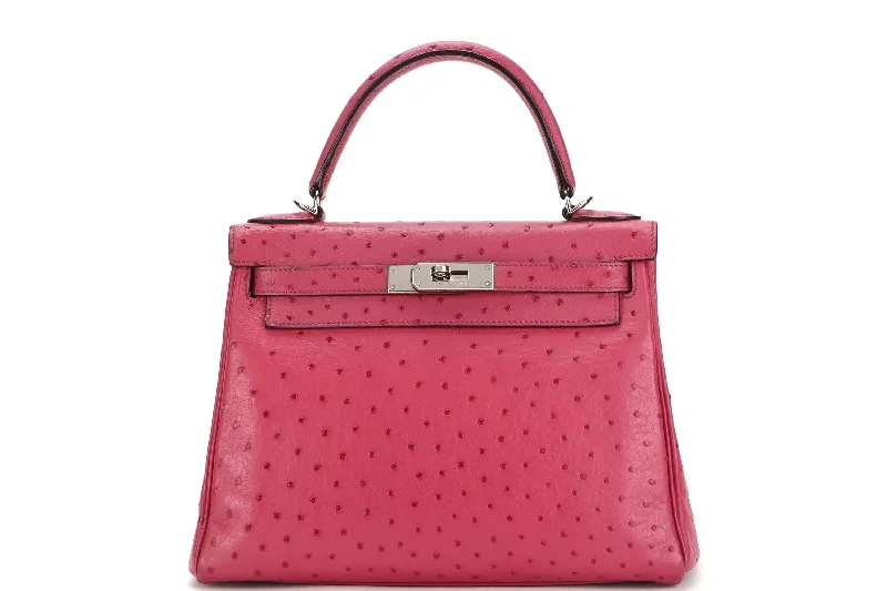 (EXOTIC) HERMES KELLY 28 (STAMP J) FUCHSIA OSTRICH PALLADIUM HARDWARE, WITH KEYS, LOCK, STRAP & DUST COVER