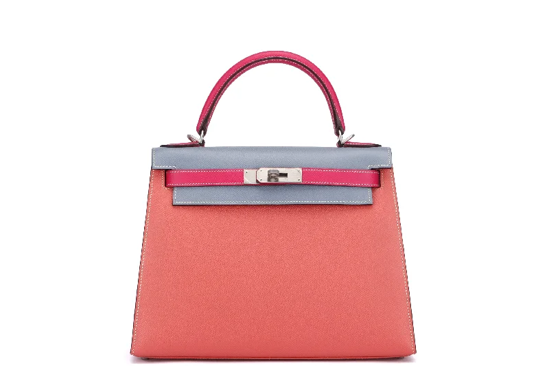 HERMES KELLY 28CM HSS SELLIER (STAMP T (2015)) TRI-COLOR FLAMINGO, ROSE TYRIEN & BLUE GLACIER, BRUSHED SILVER HARDWARE,  WITH KEYS, LOCK, STRAP, RAINCOAT & DUST COVER