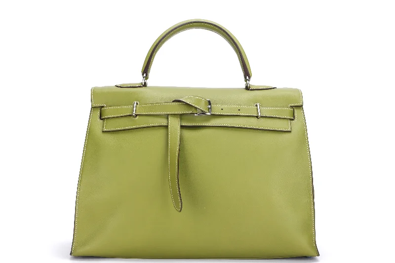 HERMES KELLY FLAT 35 (STAMP L) VERT ANIS SWIFT LEATHER, SHW, WITH STRAP & DUST COVER