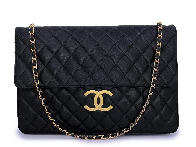 Chanel Lightweight Handbag for Daily ErrandsRare Chanel Vintage Black XXL Classic Flap Clutch Bag 24k GHW Lambskin