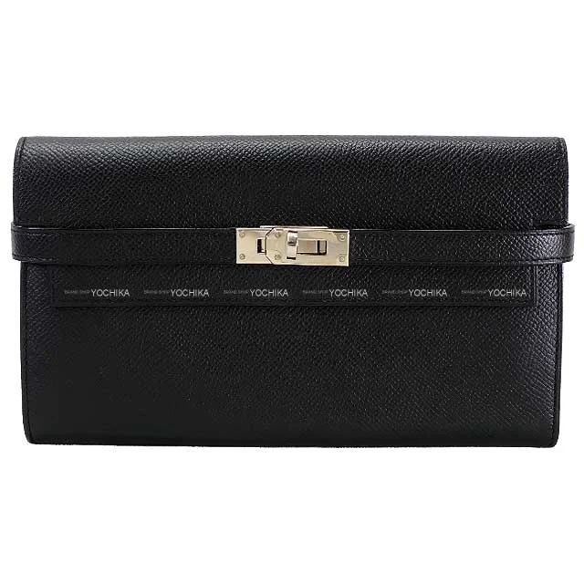 HERMES long wallet Kelly Wallet long Classic Noir (Black) Veau Epsom Silver HW Stamp