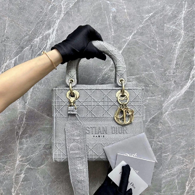 Luxury Christian Dior crossbody bags with a chain - link strapLady D-Lite Medium Grey Cannage Embroidery GHW