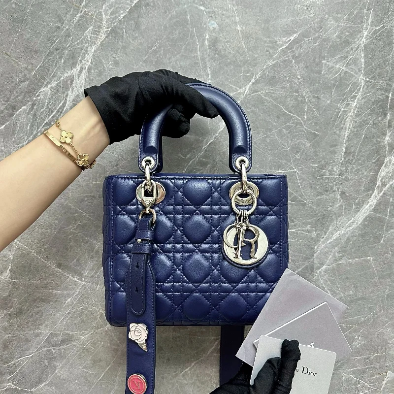 Luxury Christian Dior crossbody bags with a chain - link strapLady Small Lambskin Dark Blue Charm Badge SHW