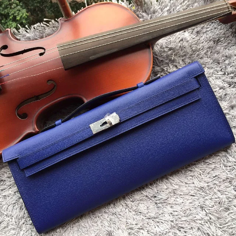 Hermes Blue Handcrafted Kelly Cut Clutch