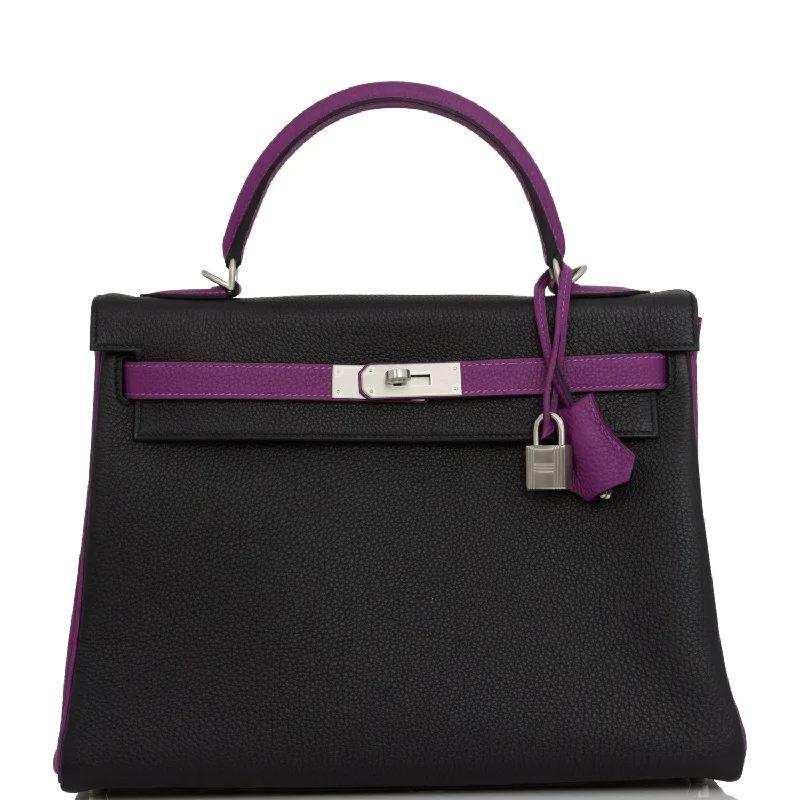 Hermes Special Order (HSS) Kelly Retourne 32 Black and Anemone Togo Brushed Palladium Hardware