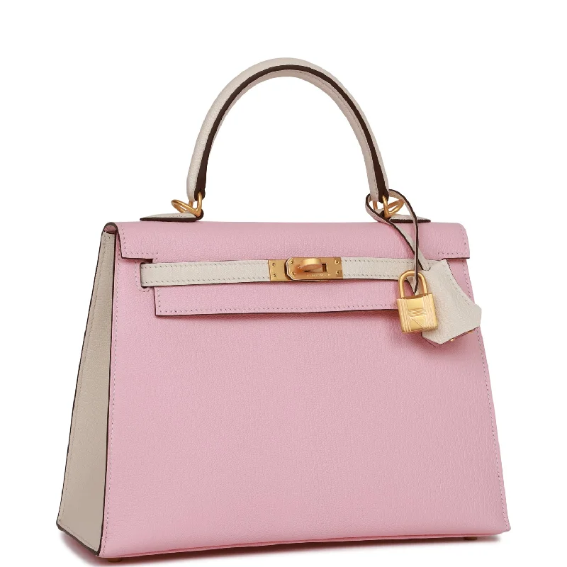 Hermes Special Order (HSS) Kelly Sellier 25 Rose Sakura and Nata Chevre Brushed Gold Hardware